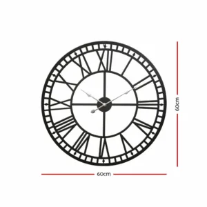 Artiss Wall Clock 60CM Large Roman Numerals Round Metal Luxury Wall Clocks Home Decor Black 3