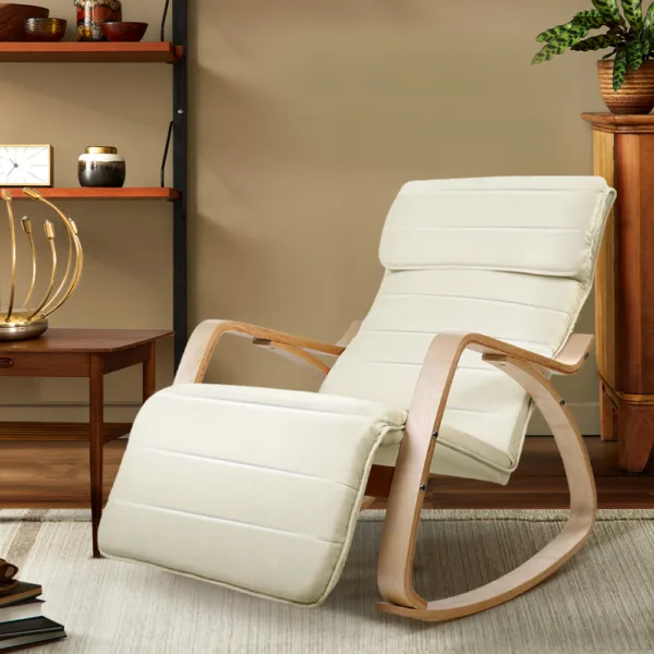 Artiss Fabric Rocking Armchair with Adjustable Footrest – Beige 17