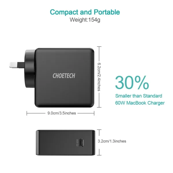 CHOETECH Q4004 60W PD 3.0 Type-C Fast Charging Foldable Adapter USB-C Charger 10