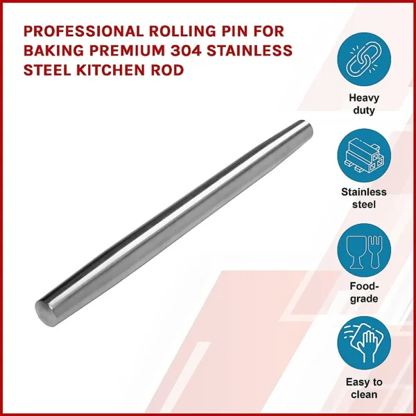 Professional Rolling Pin for Baking Premium 304 Stainless Steel Kitchen Rod 10