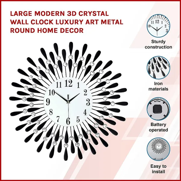Large Modern 3D Crystal Wall Clock Luxury Art Metal Round Home Decor 12