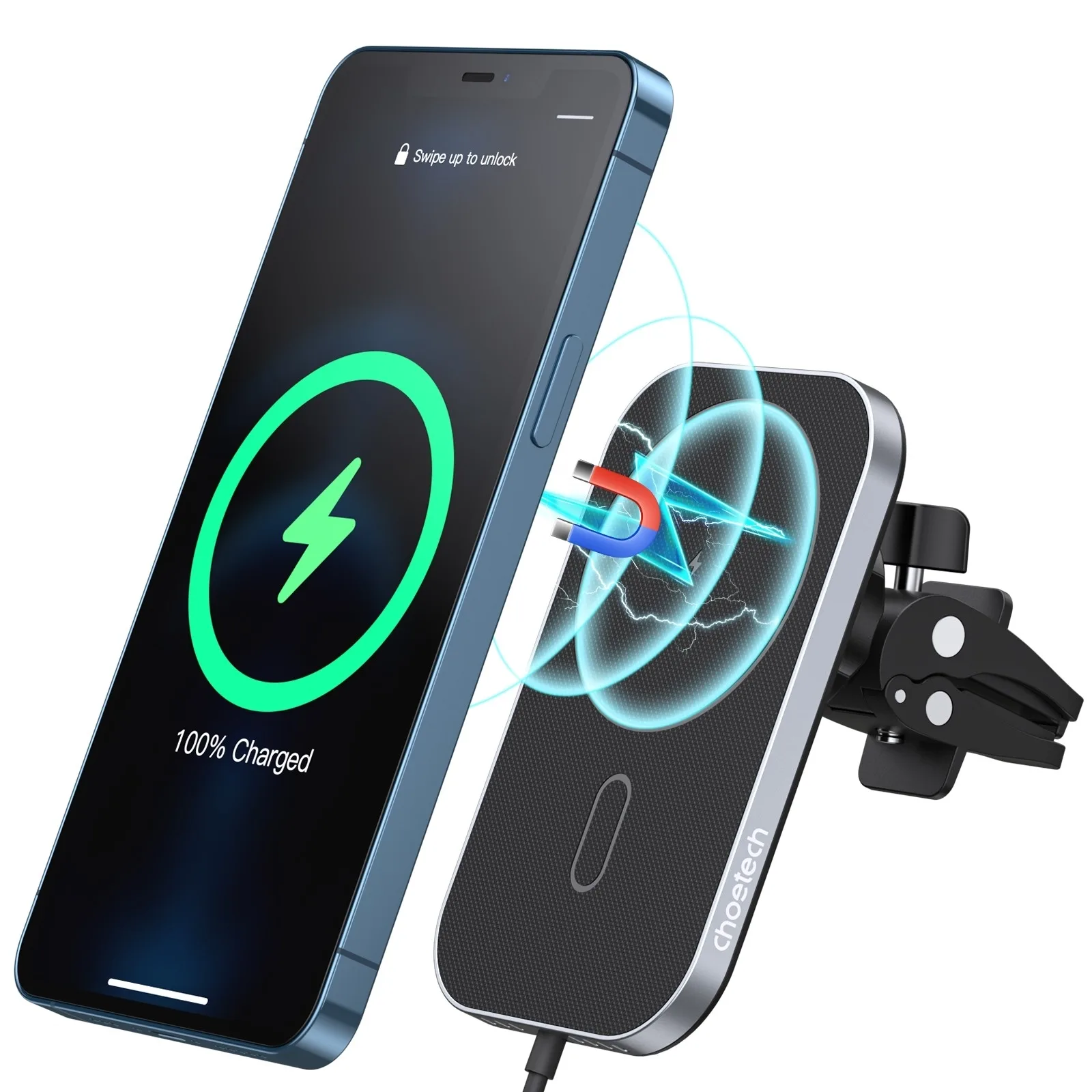 CHOETECH T200F-201 15W MagLeap Magnetic Wireless Car Charger Holder with 1M Cable - Image 1
